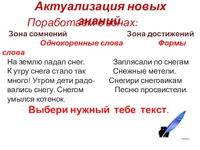 Актуализация новых знаний. Поработаем в зонах: Зона сомнений Зона достижений Однокоренные слова