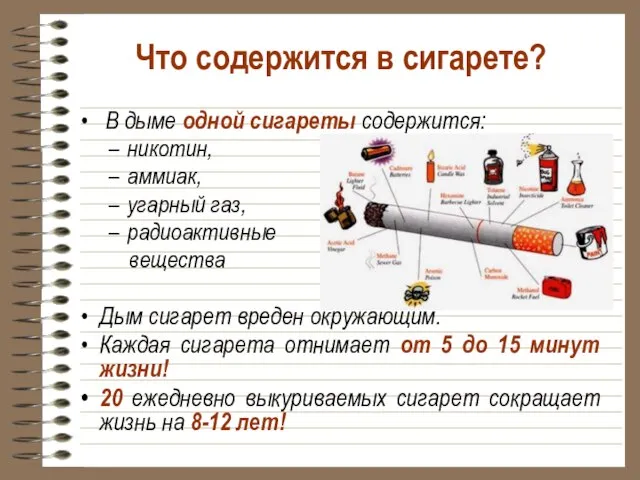 Что содержится в сигарете? В дыме одной сигареты содержится: никотин, аммиак, угарный