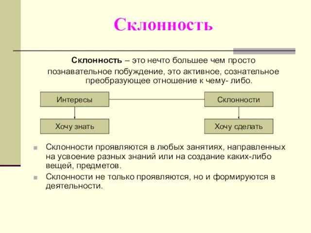 Склонность Склонность – это нечто большее чем просто познавательное побуждение, это активное,