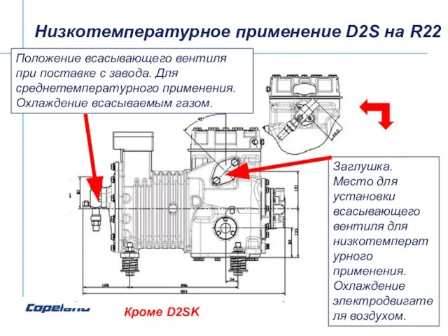 Низкотемпературное применение D2S на R22 Положение всасывающего вентиля при поставке с завода.