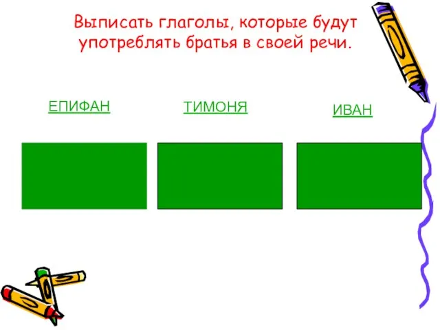 Выписать глаголы, которые будут употреблять братья в своей речи. ЕПИФАН ТИМОНЯ ИВАН