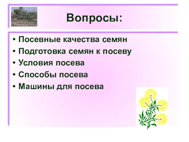 Вопросы: Посевные качества семян Подготовка семян к посеву Условия посева Способы посева Машины для посева