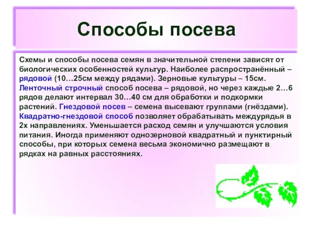 Способы посева Схемы и способы посева семян в значительной степени зависят от