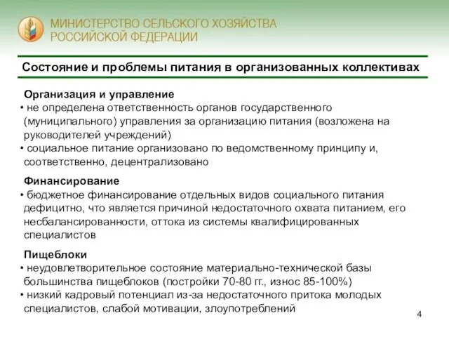 Состояние и проблемы питания в организованных коллективах Организация и управление не определена