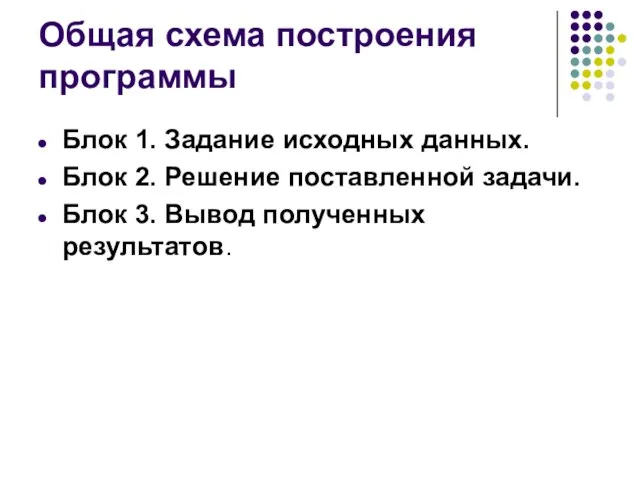 Общая схема построения программы Блок 1. Задание исходных данных. Блок 2. Решение