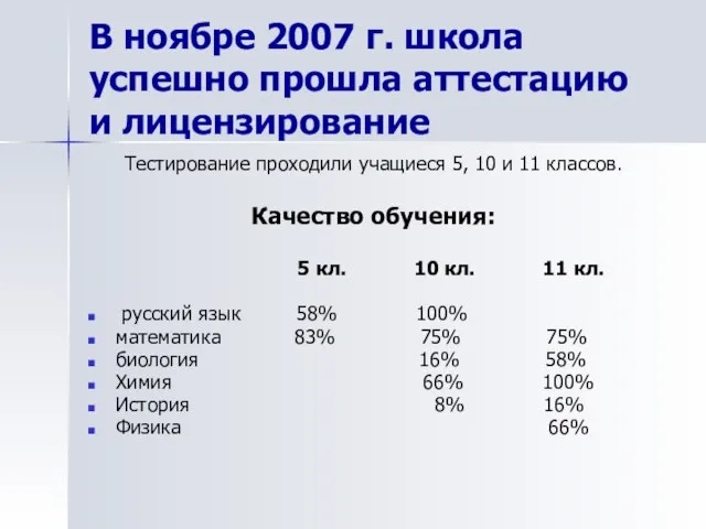 В ноябре 2007 г. школа успешно прошла аттестацию и лицензирование Тестирование проходили