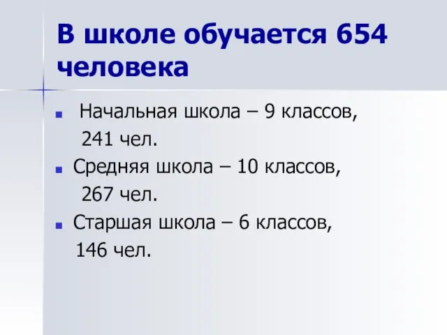 В школе обучается 654 человека Начальная школа – 9 классов, 241 чел.