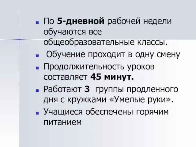 По 5-дневной рабочей недели обучаются все общеобразовательные классы. Обучение проходит в одну