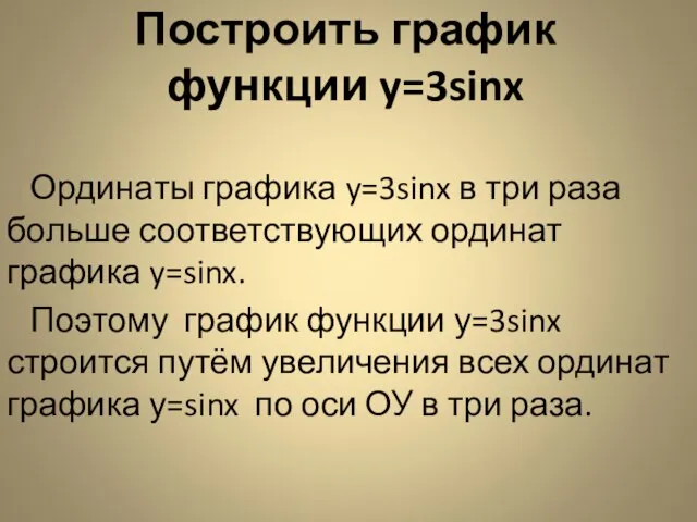 Построить график функции y=3sinx Ординаты графика y=3sinx в три раза больше соответствующих