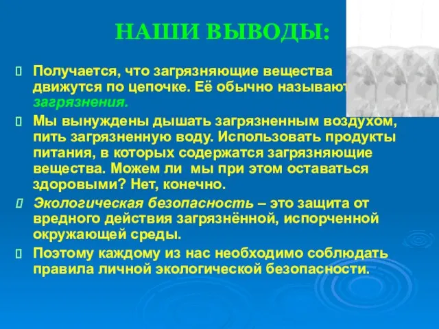 Получается, что загрязняющие вещества движутся по цепочке. Её обычно называют цепью загрязнения.