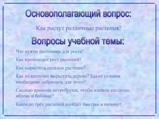 Основополагающий вопрос: Как растут различные растения? Вопросы учебной темы: Что нужно растениям