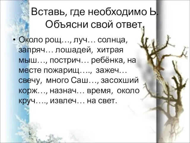 Вставь, где необходимо Ь. Объясни свой ответ. Около рощ…, луч… солнца, запряч…