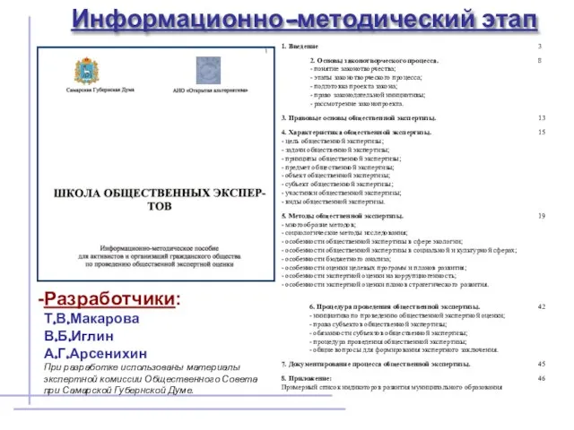 Информационно-методический этап Разработчики: Т.В.Макарова В.Б.Иглин А.Г.Арсенихин При разработке использованы материалы экспертной комиссии