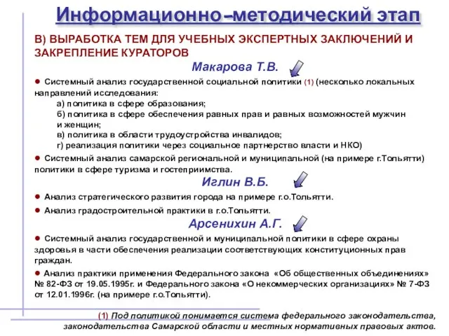 Информационно-методический этап В) ВЫРАБОТКА ТЕМ ДЛЯ УЧЕБНЫХ ЭКСПЕРТНЫХ ЗАКЛЮЧЕНИЙ И ЗАКРЕПЛЕНИЕ КУРАТОРОВ