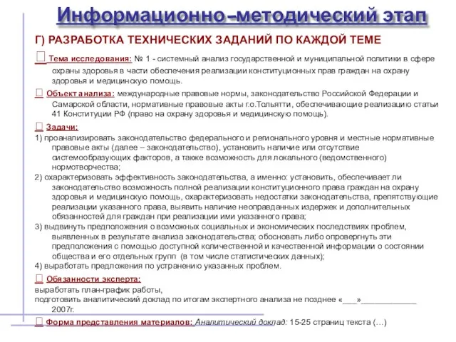 Информационно-методический этап Г) РАЗРАБОТКА ТЕХНИЧЕСКИХ ЗАДАНИЙ ПО КАЖДОЙ ТЕМЕ ? Тема исследования: