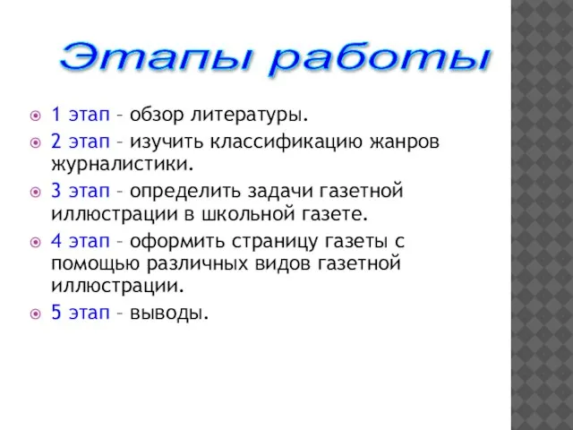 1 этап – обзор литературы. 2 этап – изучить классификацию жанров журналистики.