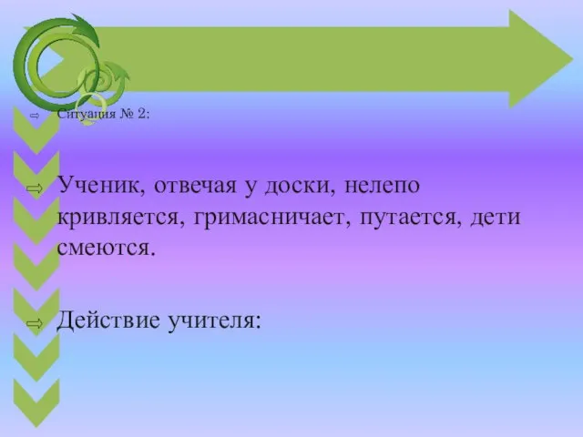 Ситуация № 2: Ученик, отвечая у доски, нелепо кривляется, гримасничает, путается, дети смеются. Действие учителя: