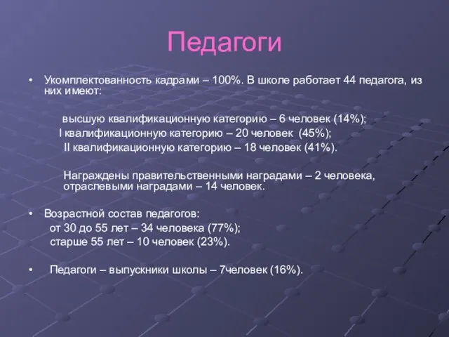 Педагоги Укомплектованность кадрами – 100%. В школе работает 44 педагога, из них