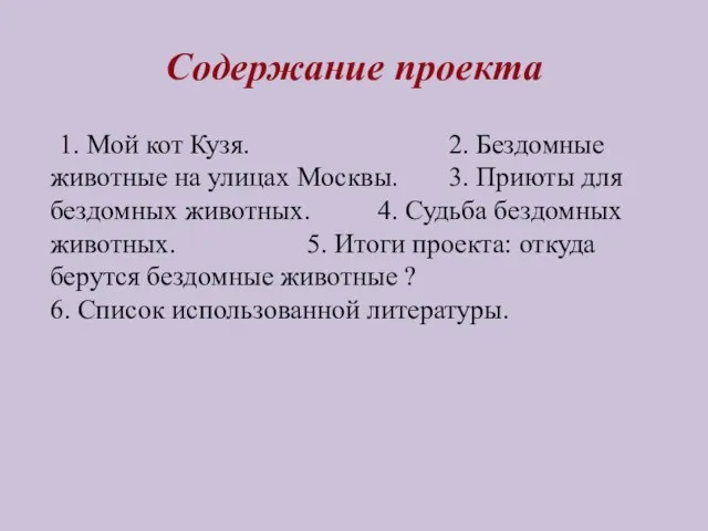 Содержание проекта 1. Мой кот Кузя. 2. Бездомные животные на улицах Москвы.