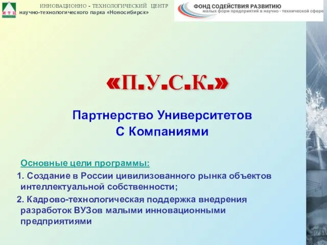 «П.У.С.К.» Партнерство Университетов С Компаниями Основные цели программы: Создание в России цивилизованного