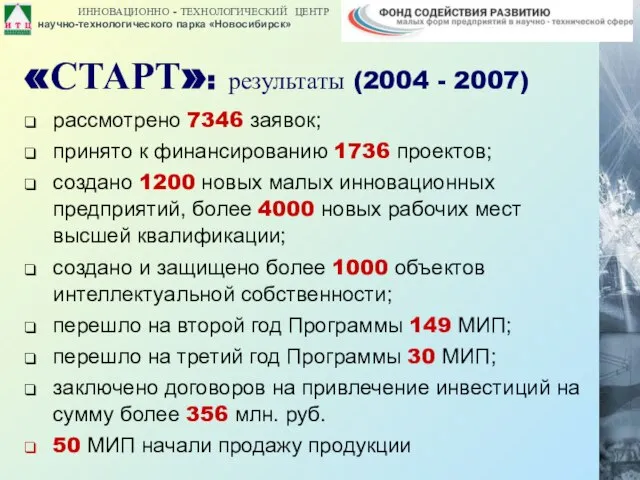 рассмотрено 7346 заявок; принято к финансированию 1736 проектов; создано 1200 новых малых