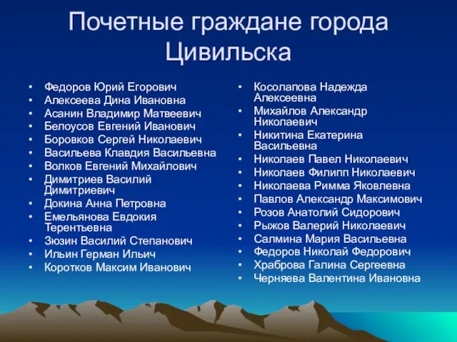 Почетные граждане города Цивильска Федоров Юрий Егорович Алексеева Дина Ивановна Асанин Владимир