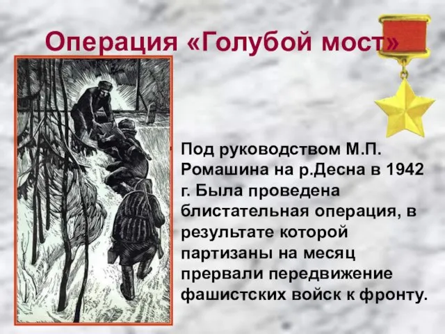 Операция «Голубой мост» Под руководством М.П.Ромашина на р.Десна в 1942 г. Была