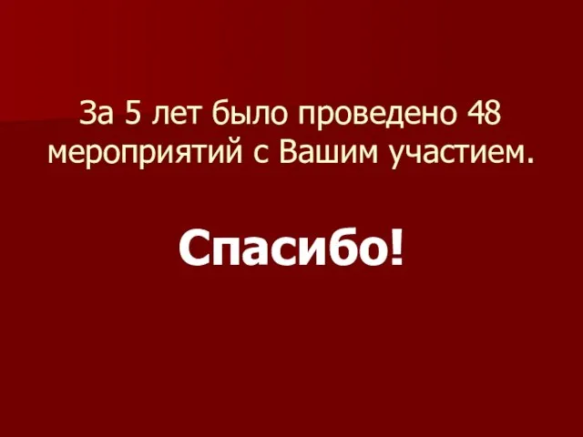 За 5 лет было проведено 48 мероприятий с Вашим участием. Спасибо!