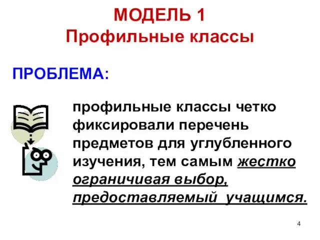 МОДЕЛЬ 1 Профильные классы профильные классы четко фиксировали перечень предметов для углубленного