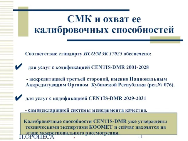 П.ОРОПЕСА СМК и охват ее калибровочных способностей Соответствие стандарту ИСО/МЭК 17025 обеспечено: