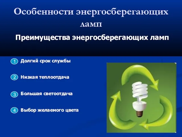 Особенности энергосберегающих ламп Преимущества энергосберегающих ламп Долгий срок службы Низкая теплоотдача Большая