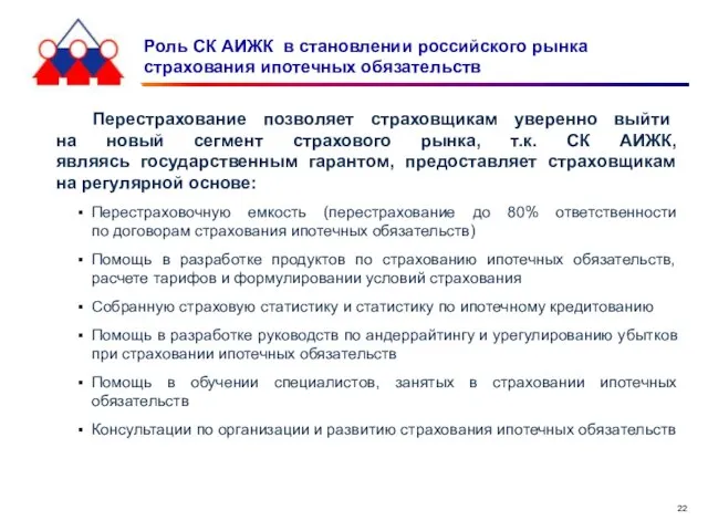 Роль СК АИЖК в становлении российского рынка страхования ипотечных обязательств Перестрахование позволяет