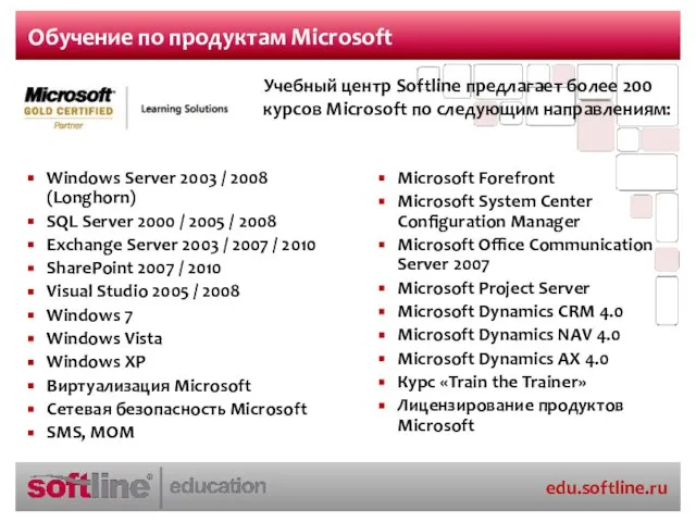 Обучение по продуктам Microsoft Windows Server 2003 / 2008 (Longhorn) SQL Server