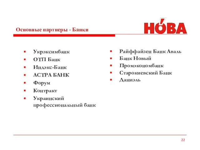 Основные партнеры - Банки Укрэксимбанк ОТП Банк Индэкс-Банк АСТРА БАНК Форум Контракт