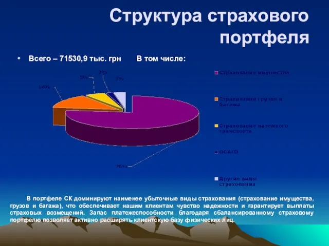 Структура страхового портфеля Всего – 71530,9 тыс. грн В том числе: В