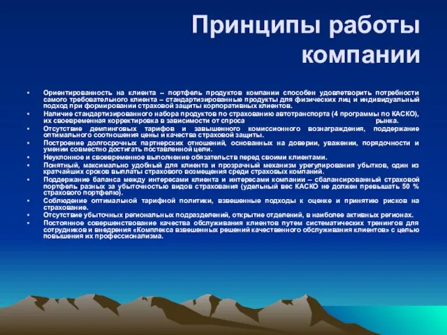 Принципы работы компании Ориентированность на клиента – портфель продуктов компании способен удовлетворить