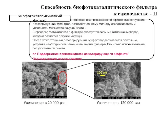 Дезодорирующий эффект, в несколько раз превышающий эффект существующих дезодорирующих фильтров, позволяет данному