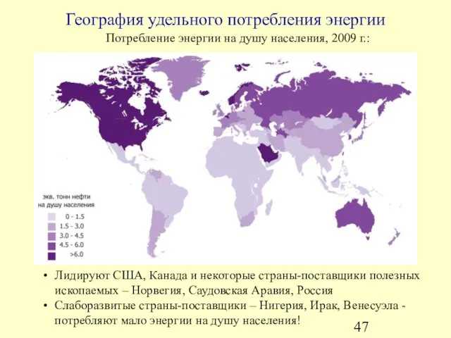 География удельного потребления энергии Потребление энергии на душу населения, 2009 г.: Лидируют