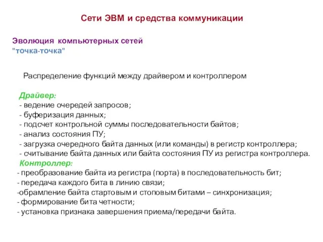 Эволюция компьютерных сетей "точка-точка" Сети ЭВМ и средства коммуникации Распределение функций между