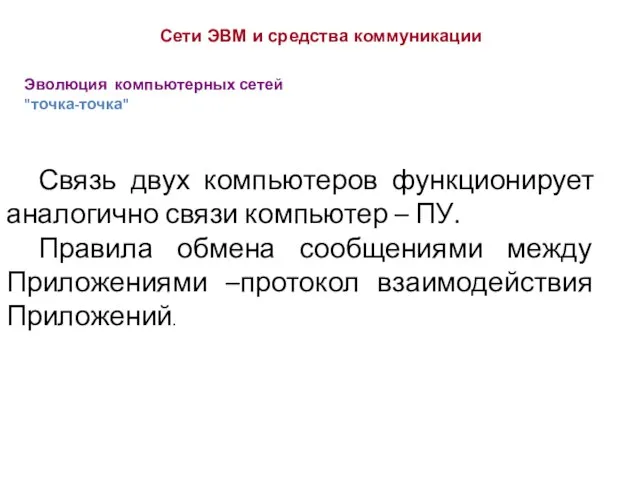 Эволюция компьютерных сетей "точка-точка" Сети ЭВМ и средства коммуникации Связь двух компьютеров