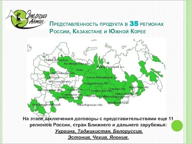 Представленность продукта в 35 регионах России, Казахстане и Южной Корее На этапе