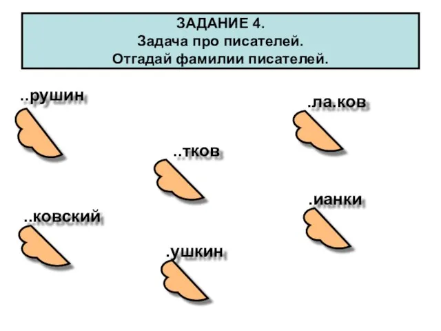 ЗАДАНИЕ 4. Задача про писателей. Отгадай фамилии писателей. ..рушин ..тков .ла.ков .ианки ..ковский .ушкин