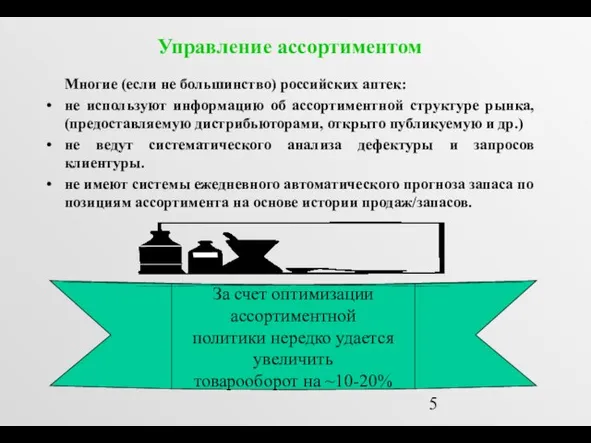 Управление ассортиментом Многие (если не большинство) российских аптек: не используют информацию об