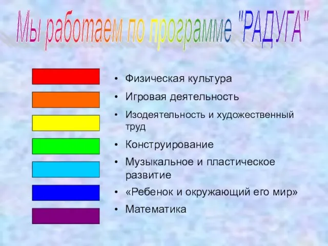 Мы работаем по программе "РАДУГА" Физическая культура Игровая деятельность Изодеятельность и художественный