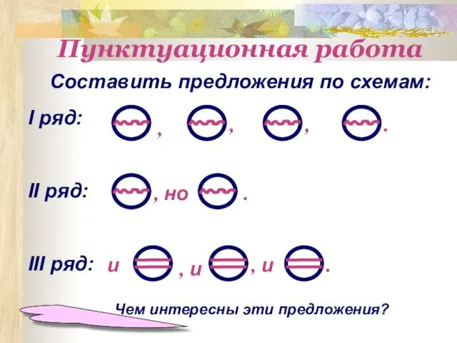 Пунктуационная работа Составить предложения по схемам: I ряд: II ряд: III ряд: