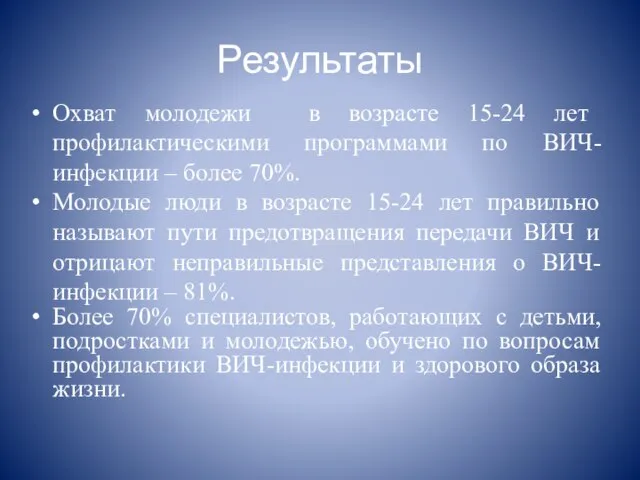 Результаты Охват молодежи в возрасте 15-24 лет профилактическими программами по ВИЧ-инфекции –