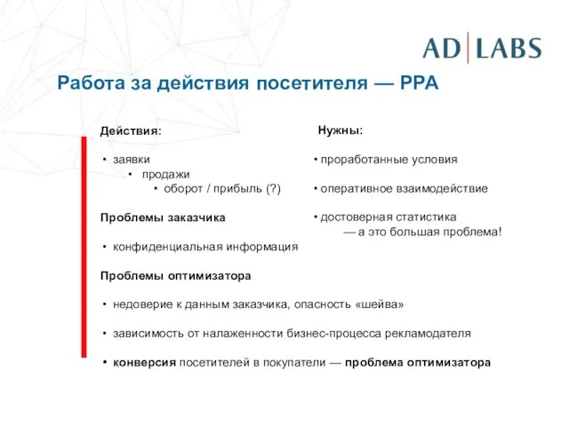 Работа за действия посетителя — PPA Действия: заявки продажи оборот / прибыль