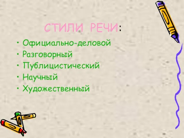 СТИЛИ РЕЧИ: Официально-деловой Разговорный Публицистический Научный Художественный