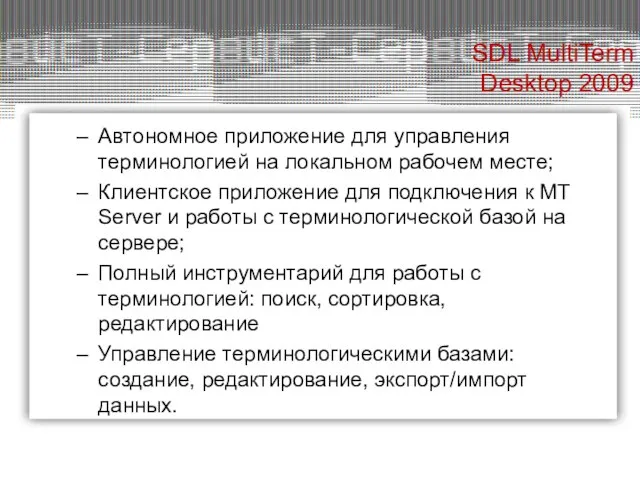 SDL MultiTerm Desktop 2009 Автономное приложение для управления терминологией на локальном рабочем