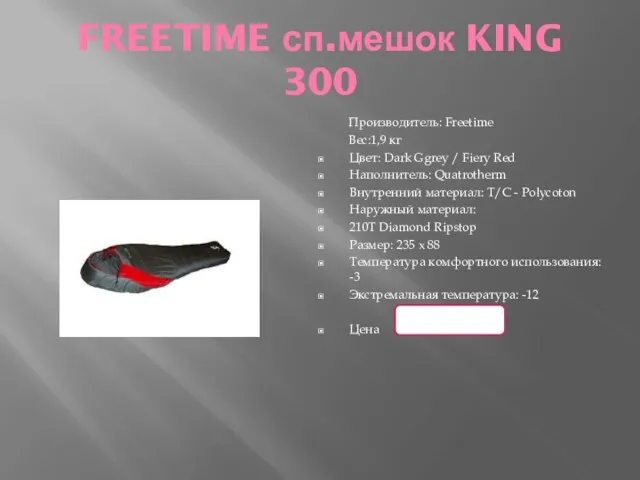 FREETIME сп.мешок KING 300 Производитель: Freetime Вес:1,9 кг Цвет: Dark Ggrey /